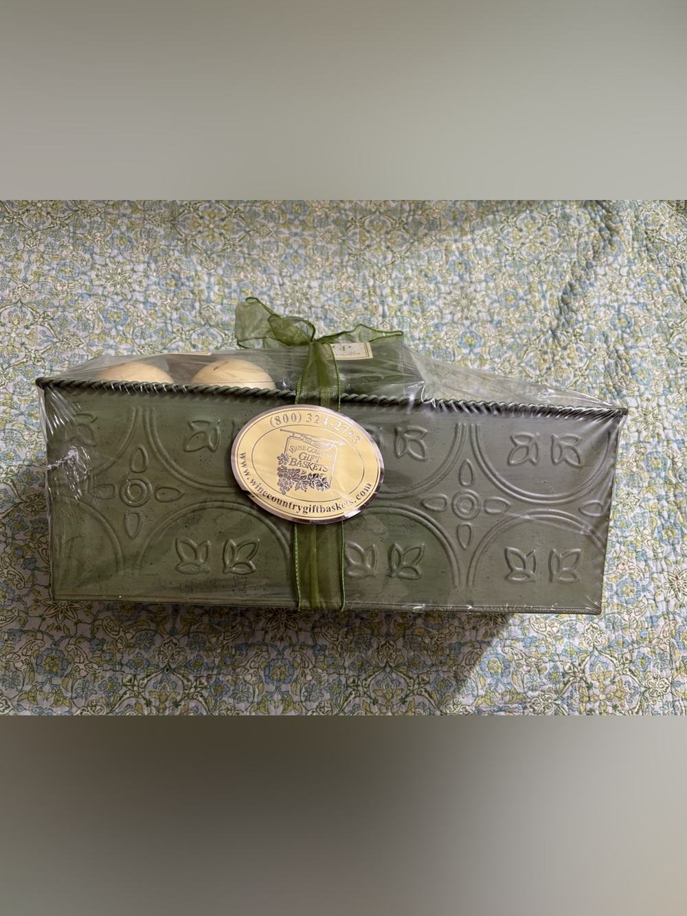 Embossed Olive Green Tin Basket with Candles